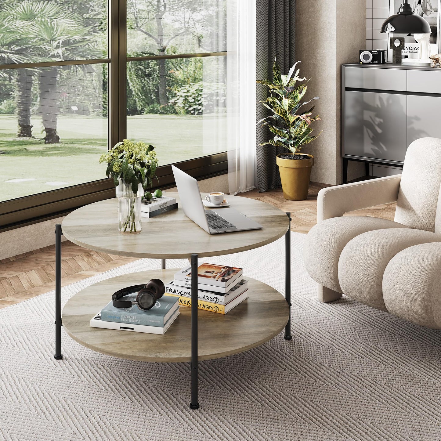 WLIVE Round Coffee Table, 32.6" Small Coffee Table with Storage Shelf, 2-Tier Circle Wood Center Table for Living Room, Apartment, Rustic Brown (Grey, 32.6" D x 32.6" W x 17.5" H)