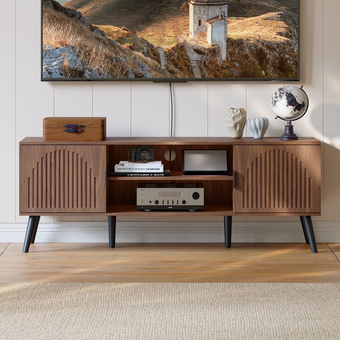 ChooChoo TV Stand for Living Room, Mid Century Modern TV Stand for 55/60 Inch TVs, Entertainment Center with Storage Cabinet and Open Shelves, TV Console Table Media Cabinet for Bedroom, Walnut