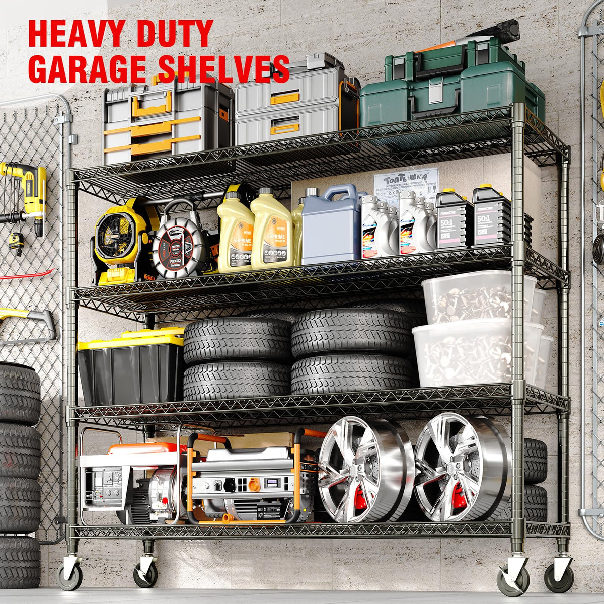 Garvee 4-Tiers Storage Shelves Heavy Duty Garage Shelving Units with Wheels 59" W x 71.8" H, 2640LBS Rolling Wire Shelving Rack, Adjustable Shelf for Garage Kitchen Warehouse Industrial Pantry