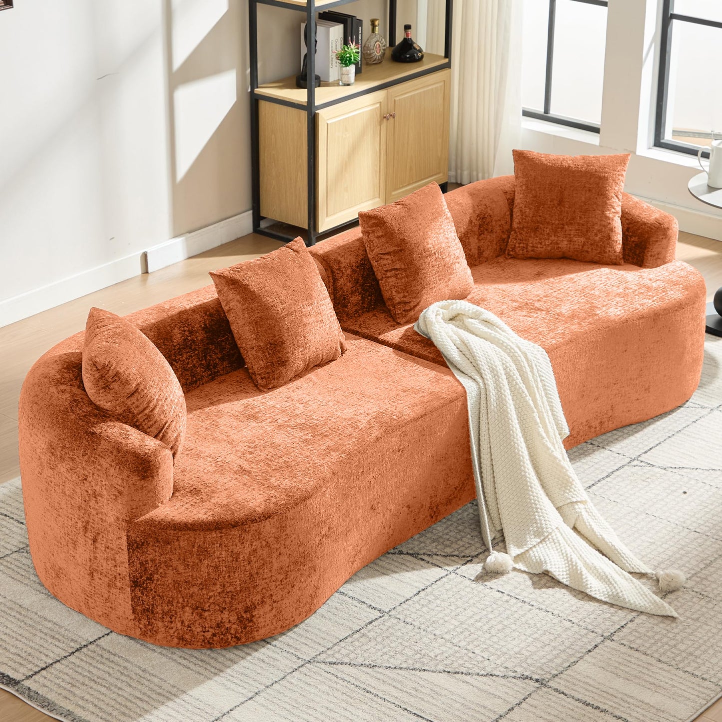Sectional Sofa, Curved Cloud Sofa Couch, Chenille Full Sponge Chaise for Living Room, Apartment (Orange, 110 Inch)