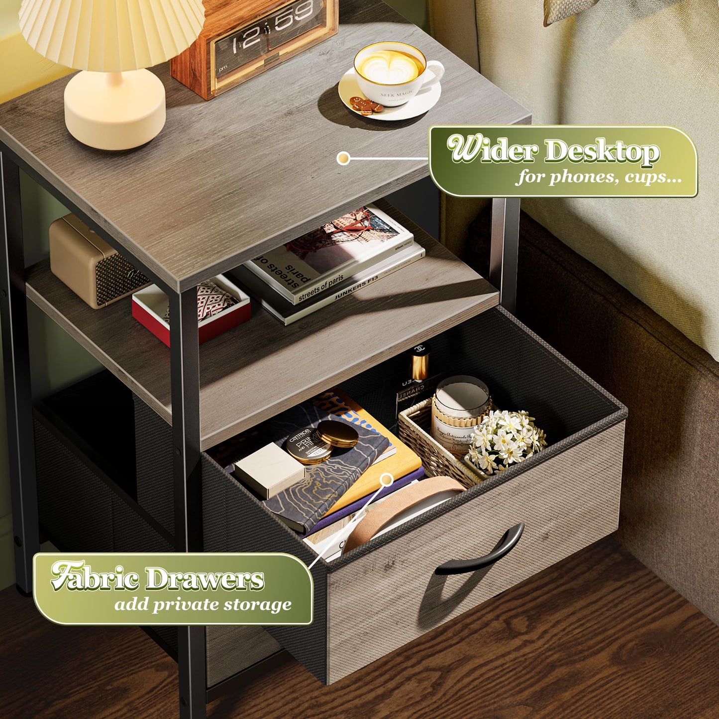 Huuger Night Stand Set of 2, Nightstand with 2 Drawers, Bed Side Table with Open Shelf, Wooden Top, End Table, Fabric Drawer with Oak Wooden Print Surface, for Bedroom