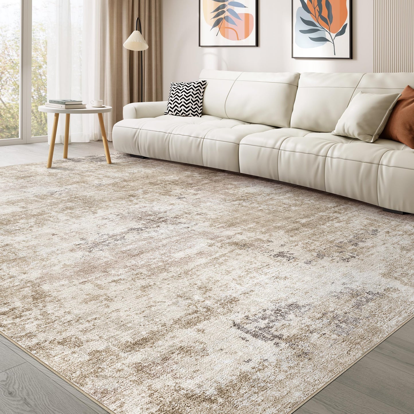 TARANCH Abstract 10x14 Area Rug: Machine Washable Non Slip Ultra Thin Low-Pile Carpet, Soft Stain Resistant for Living Dining Room Bedroom, Kid Pet Friendly, Robot Vacuum Compatible - Brown