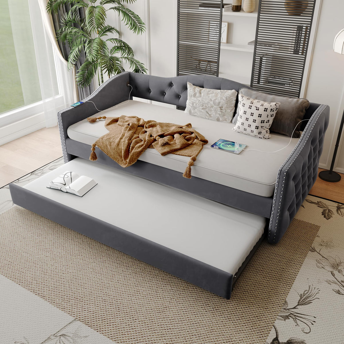 GDFStudio Twin Size Bed Frame with Trundle, Upholstered Twin Daybed with USB Charging Station, Diamond Tufted Velvet Sofa Bed, Wood Platform Twin Bed Frame with Solid Slat, No Box Spring Needed, Gray