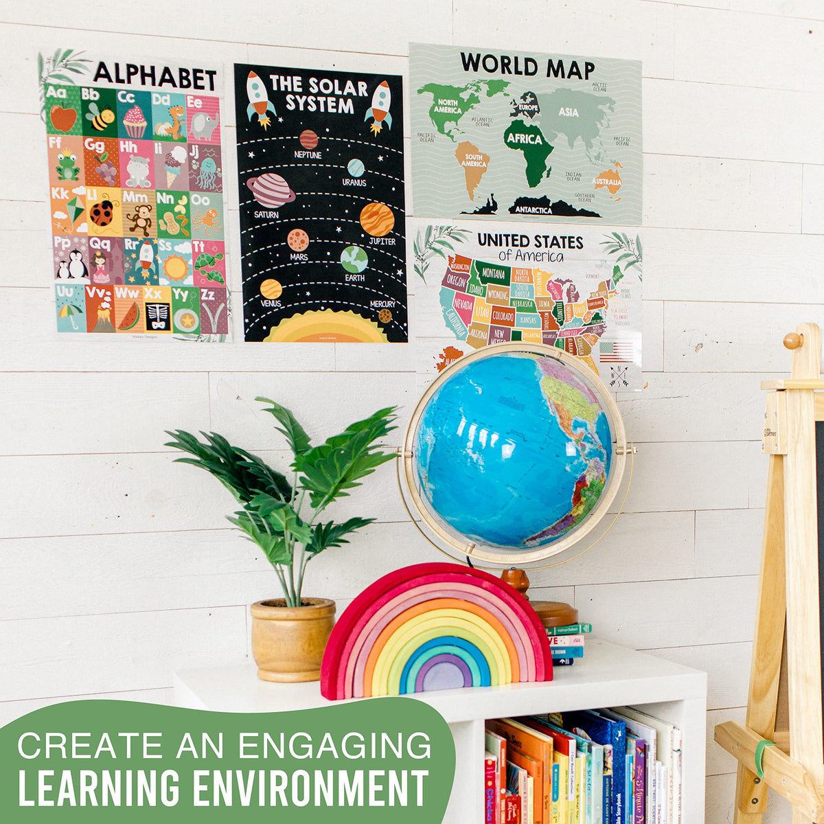 4 Alphabet, Map of United States, World Map, & Solar System Posters - Laminated ABC Charts for Toddlers Wall Decor, Farmhouse Posters for Kindergarten, Prek Classroom or Homeschool 11x17