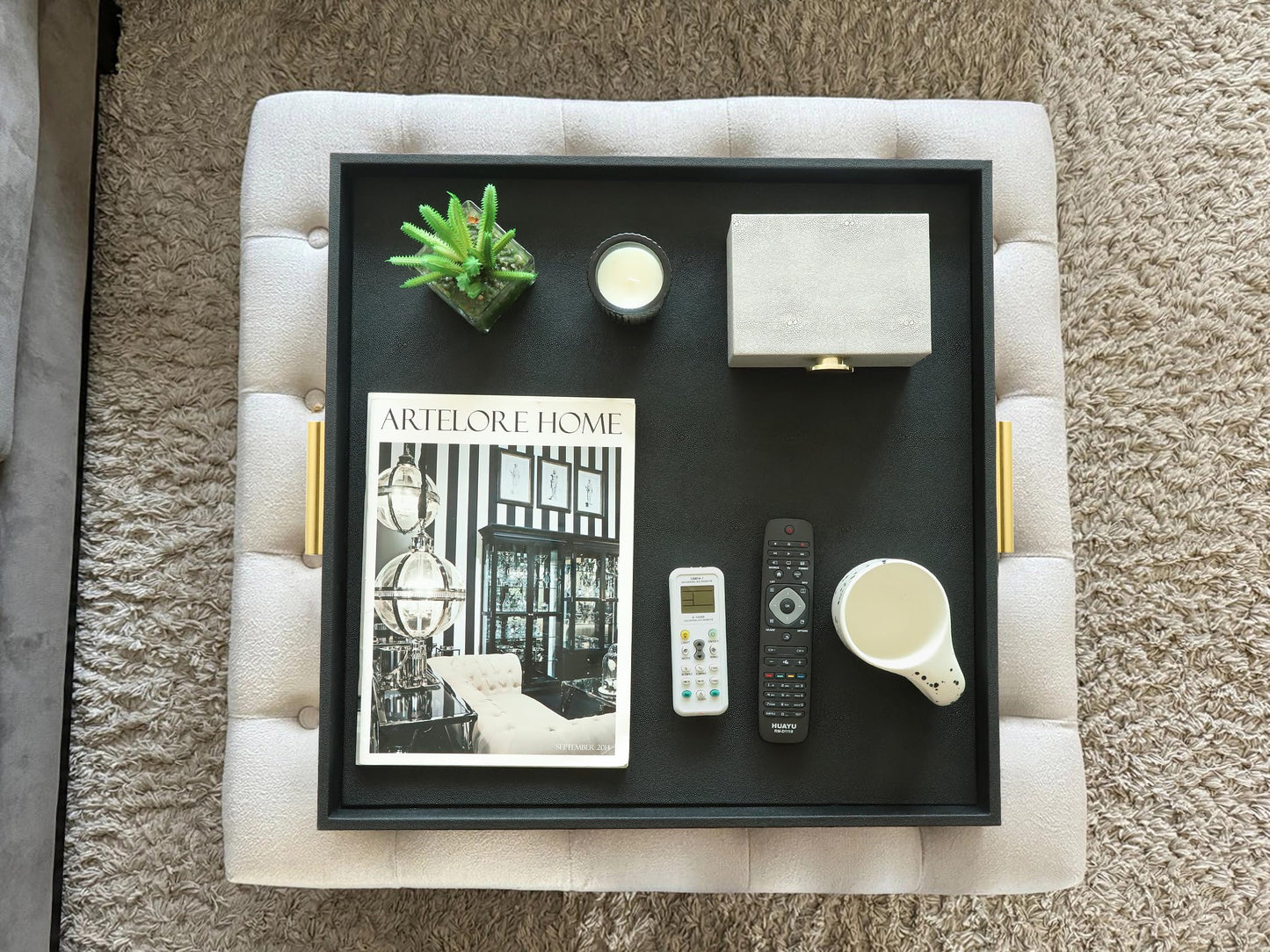 HofferRuffer Extra Large Square Serving Tray, Elegant Faux Leather Ottoman Tray with Gold Hardware Handles, Serve Tea, Coffee or Breakfast in Bed, 24 x 24 inches (Black Shagreen)