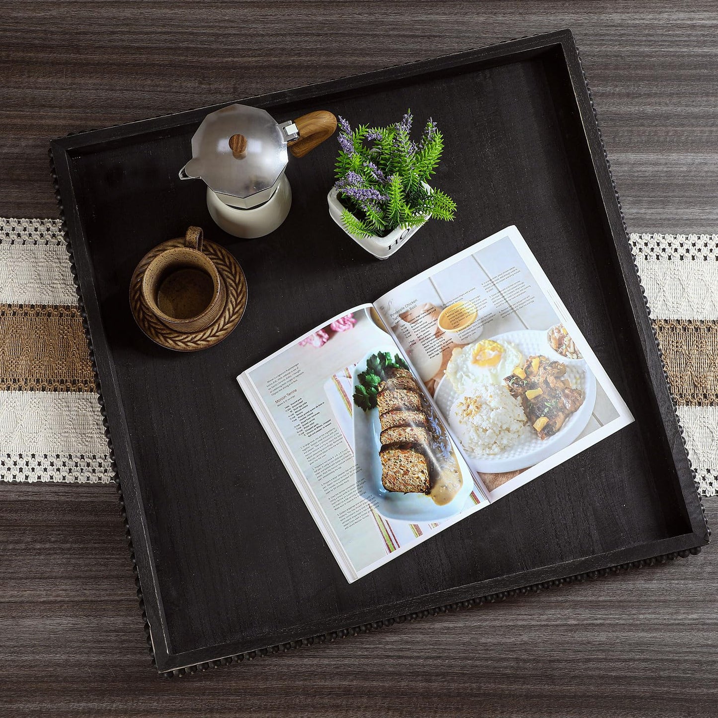 Nuogo Extra Large Square Ottoman Table Tray with Wooden Bead 24 x 24 Inch Washed Wooden Serving Tray Multifunction Decorative Square Ottoman for Coffee Table Platter Room Kitchen Counter (Black)