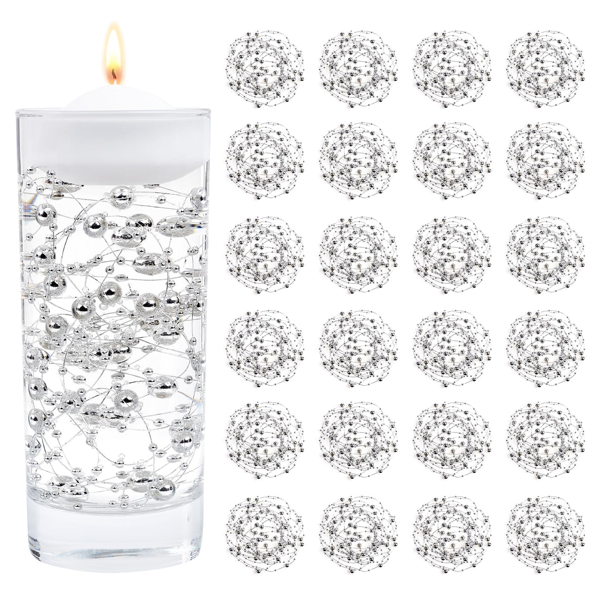 YATOJUZI 30 PCS Artificial Pearl String Silver Vase Filler Floating Pearls for Vases Centerpieces Faux Pearl Beads String Decorations Wedding Holiday Party Decor