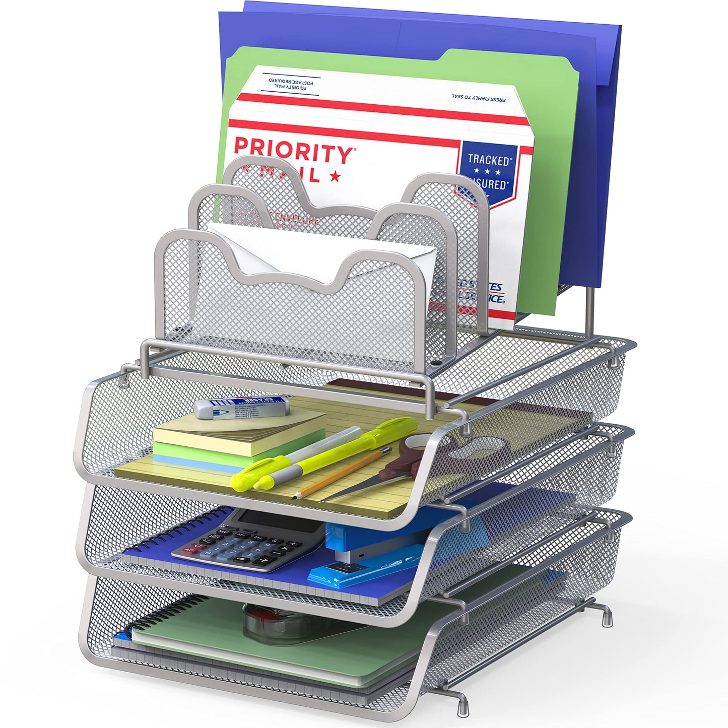 Simple Houseware 3-Tier Stackable Desk Organizer with 5 Compartments - Letter Tray and Step File Sorter, Silver