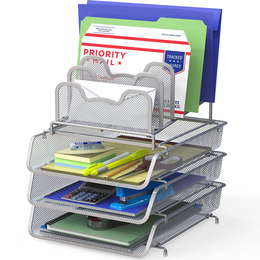 Simple Houseware 3-Tier Stackable Desk Organizer with 5 Compartments - Letter Tray and Step File Sorter, Silver
