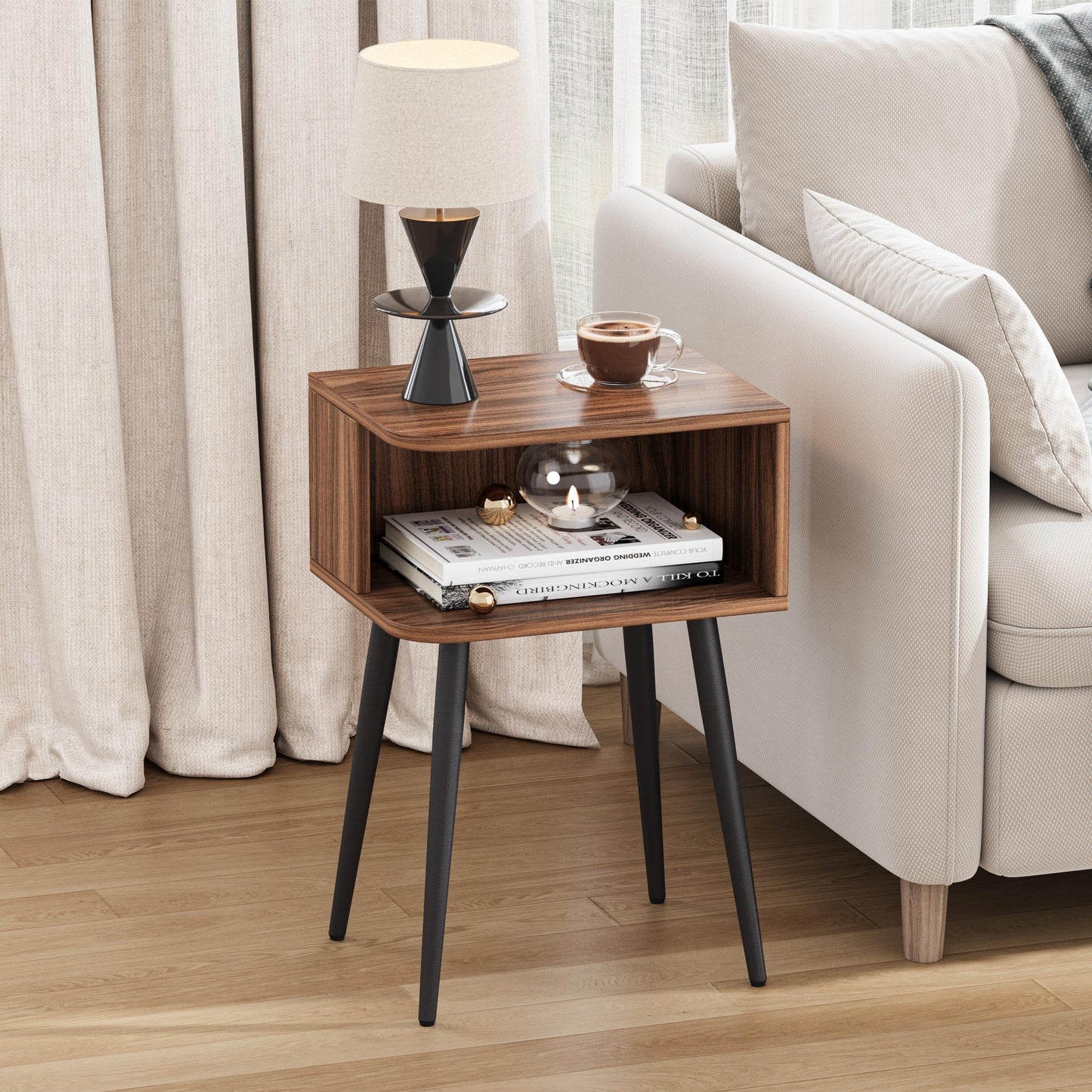 Nightstand Set of 2, Small Bed Side Table for Small Spaces, Mid Century Modern Nightstand End Table with Open Storage, Side Table for Bedroom Living Room, Walnut Brown MLBZ20R-2
