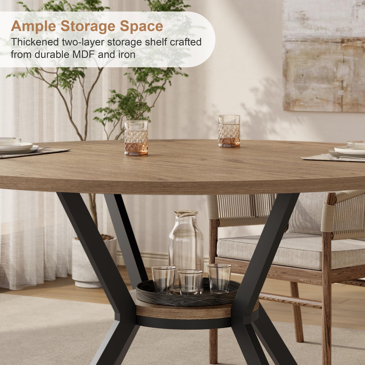MECHYIN 42" Round Dining Table for 2-4, Farmhouse Kitchen Table with Storage, Space Saving Circle Dinner Table, Rustic Light Wood Kitchen & Dining Room Tables with Metal Legs for Kitchen, Dining Room