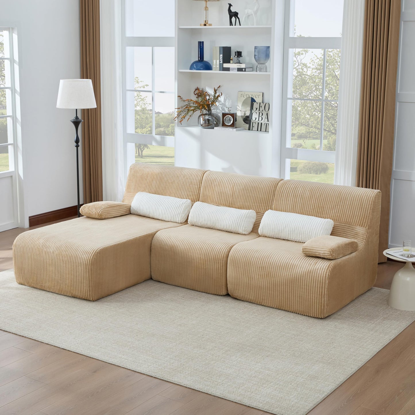 Merax Modern 98 Inch L-Shaped Convertible Sofa with Chaise and Pillows, Boneless 3-Seat Sectional Sofa Couch with Ergonomic Curved Seat & Backrest, Couch Set for Living Room, Coffee