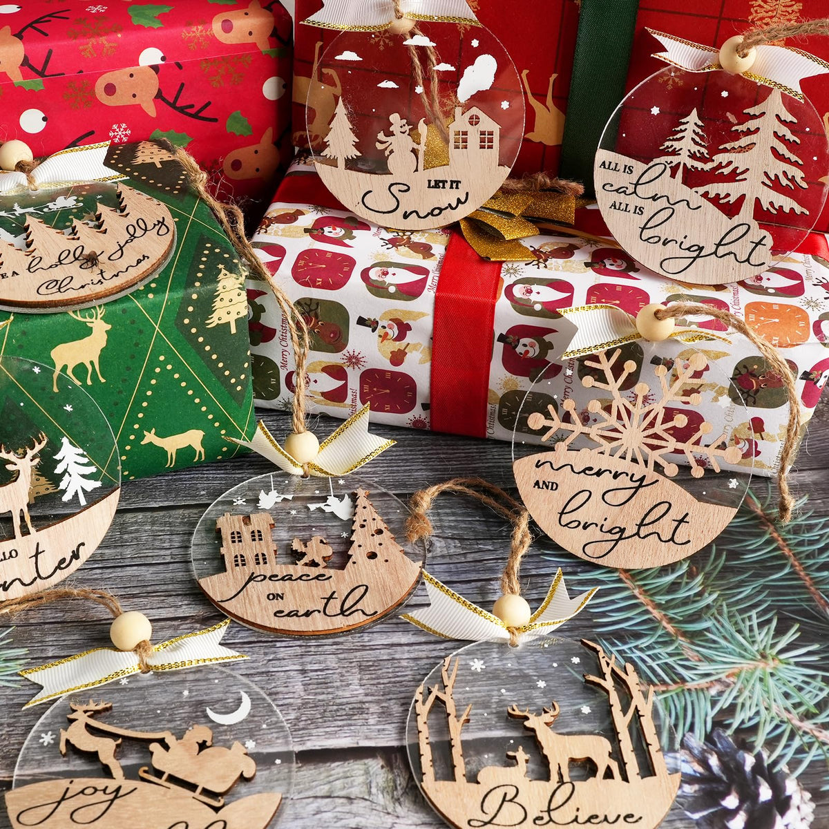 GuassLee 28pcs Winter Christmas Hanging Ornaments for Tree - 3D Wooden Acrylic Christmas Cutouts Reindeer Snowman Snowflake Ornaments for Xmas Tree Gifts Winter Party Supplies