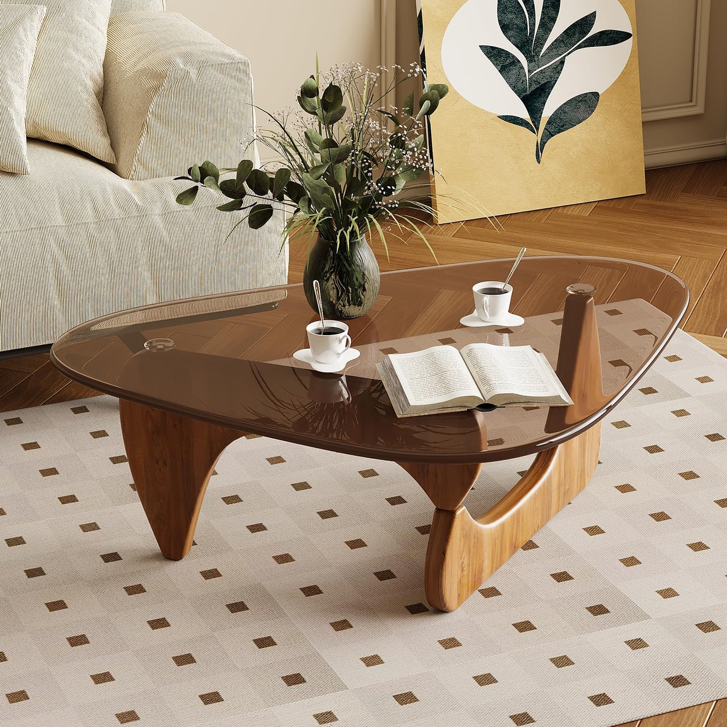 JCAJCA Coffee Table for Living Room Mid Century Modern Center Table with Glass Top and Wood, 36 Inch, Brown/Walnut