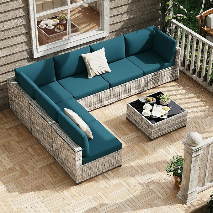 KIGOTY Patio Furniture Set, 7 Pieces Modular Outdoor Sectional Sofa, PE Rattan