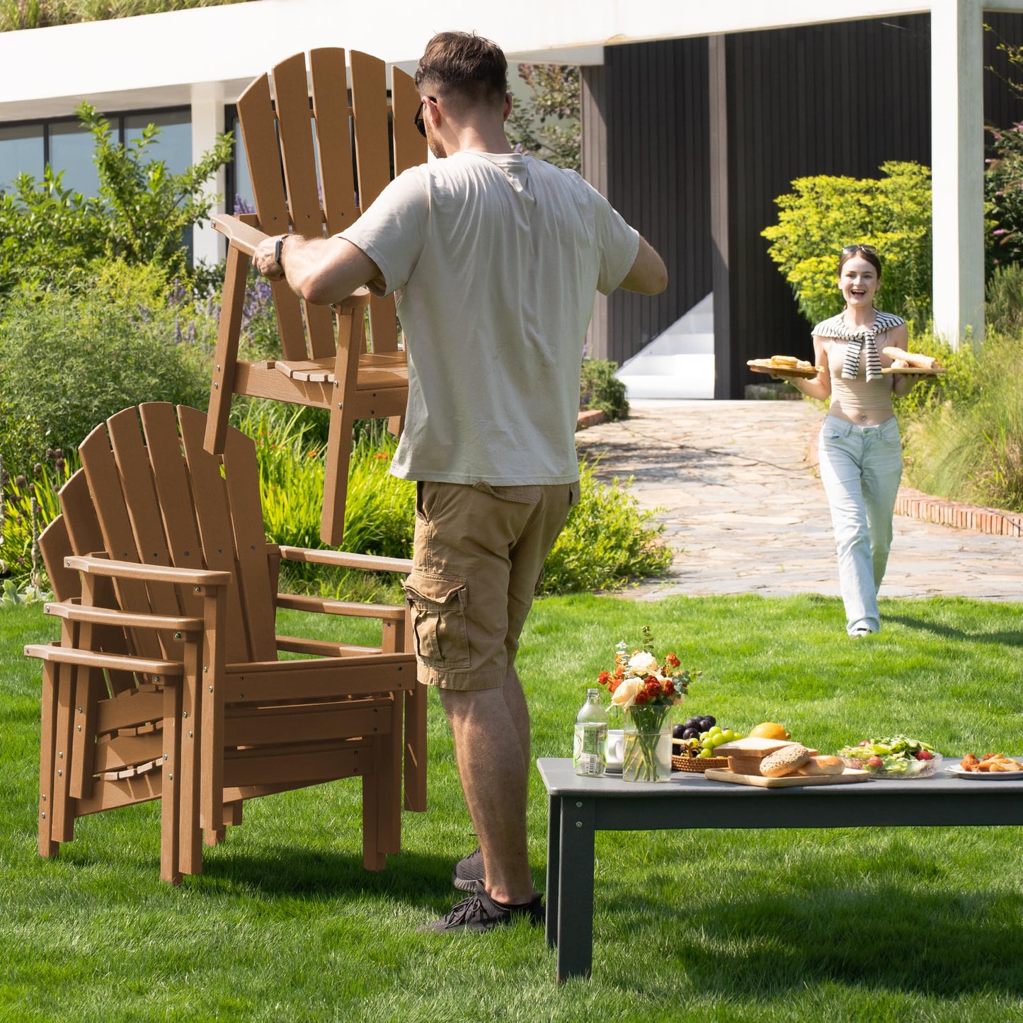 nevilywood Compact Stackable Adirondack Chairs,All Weather HDPE,380lb,Teak