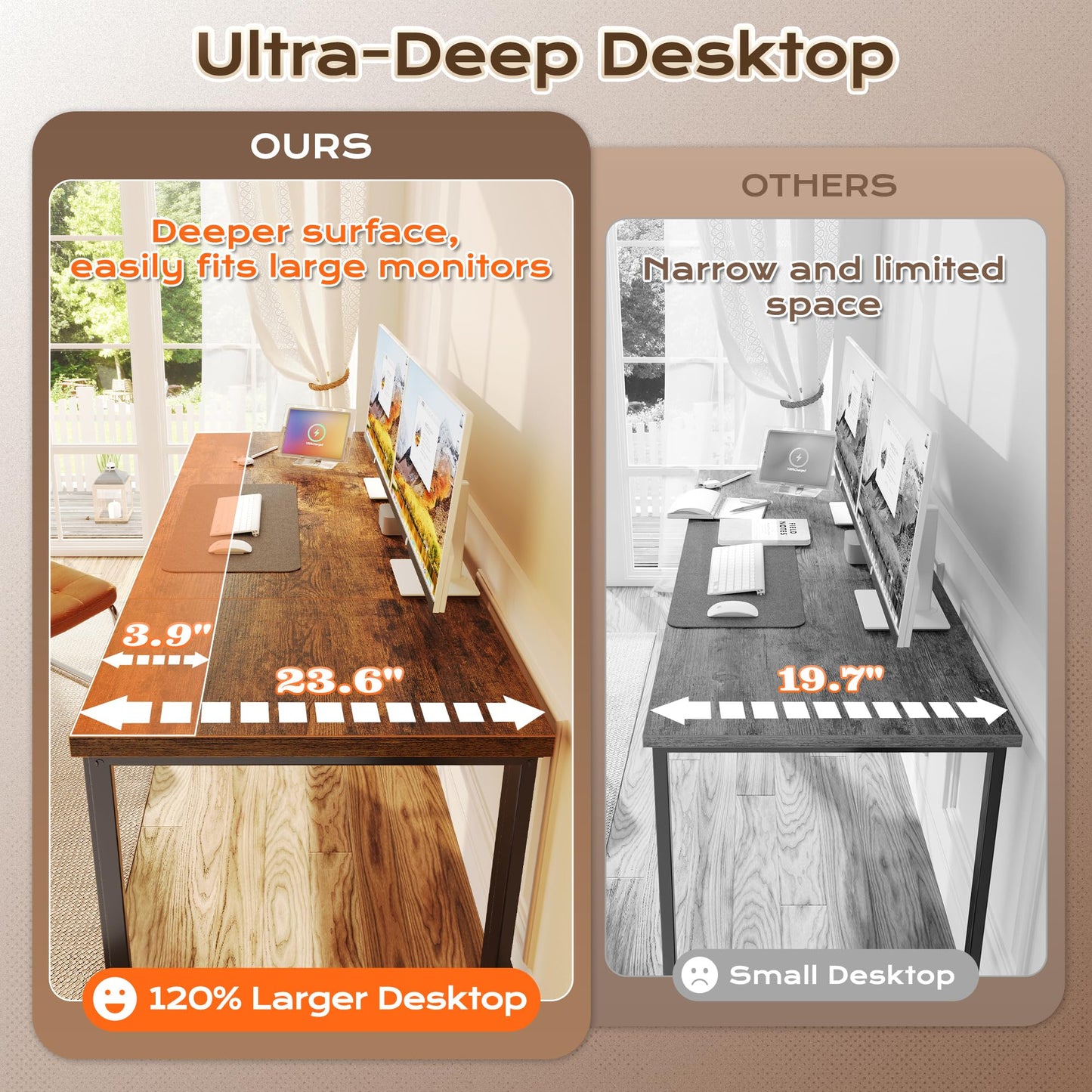 Huuger 63 x 24 inch Desk with Power Outlets & USB-C, Deeper & Thicker Desktop, Robust Metal Tubes, Computer Desk, Heavy Duty Office Desk, Work Gaming Desk, for Home Office, Rustic Brown