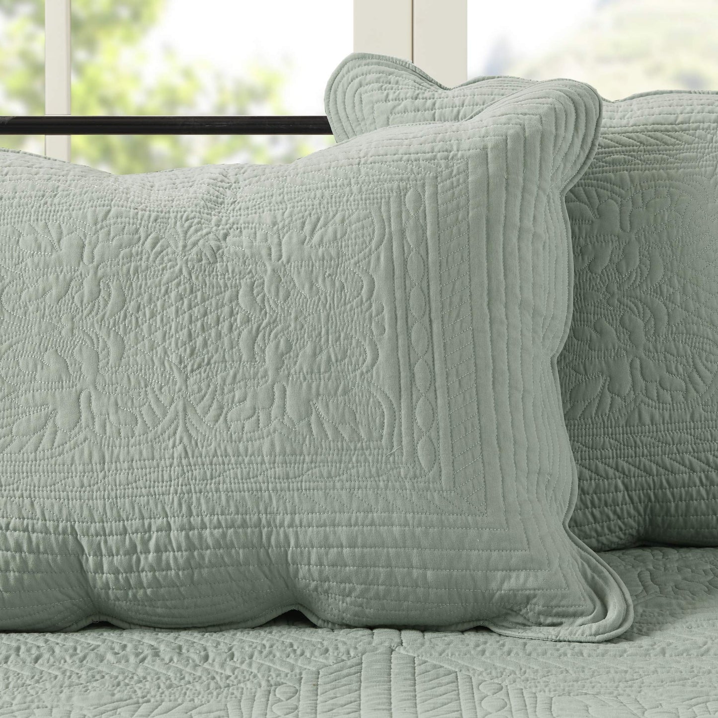 Madison Park Daybed Cover Set Damask Quilted Cover for Daybeds, All Season, Pre-Washed Cotton-Filled Coastal Bedding Scallop Edge, Shams, Bedskirt, Décor Pillows, Tuscany, Seafoam, 39"x75", 6 Piece