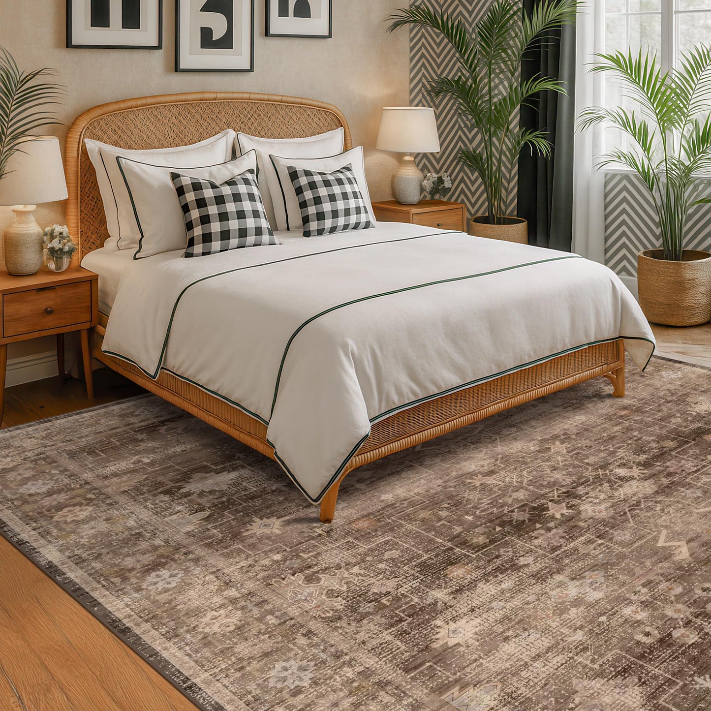 Hazo Haus Brown 9x12 Living Room Rug - Vintage Western Eclectic Unique Neutral Taupe, Washable Low Pile Non-Slip Large Area Rugs for Dining Under Table Bedroom Under Bed