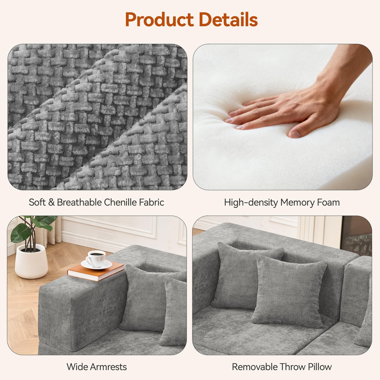 MONVANE Modular Sectional Sofa, Oversized 12 Seat Convertible U Shaped Couch with Ottoman, Comfy Chenille Cloud Couch with Pillow, Sectional Couches for Living Room, No Assembly Required, Light Grey