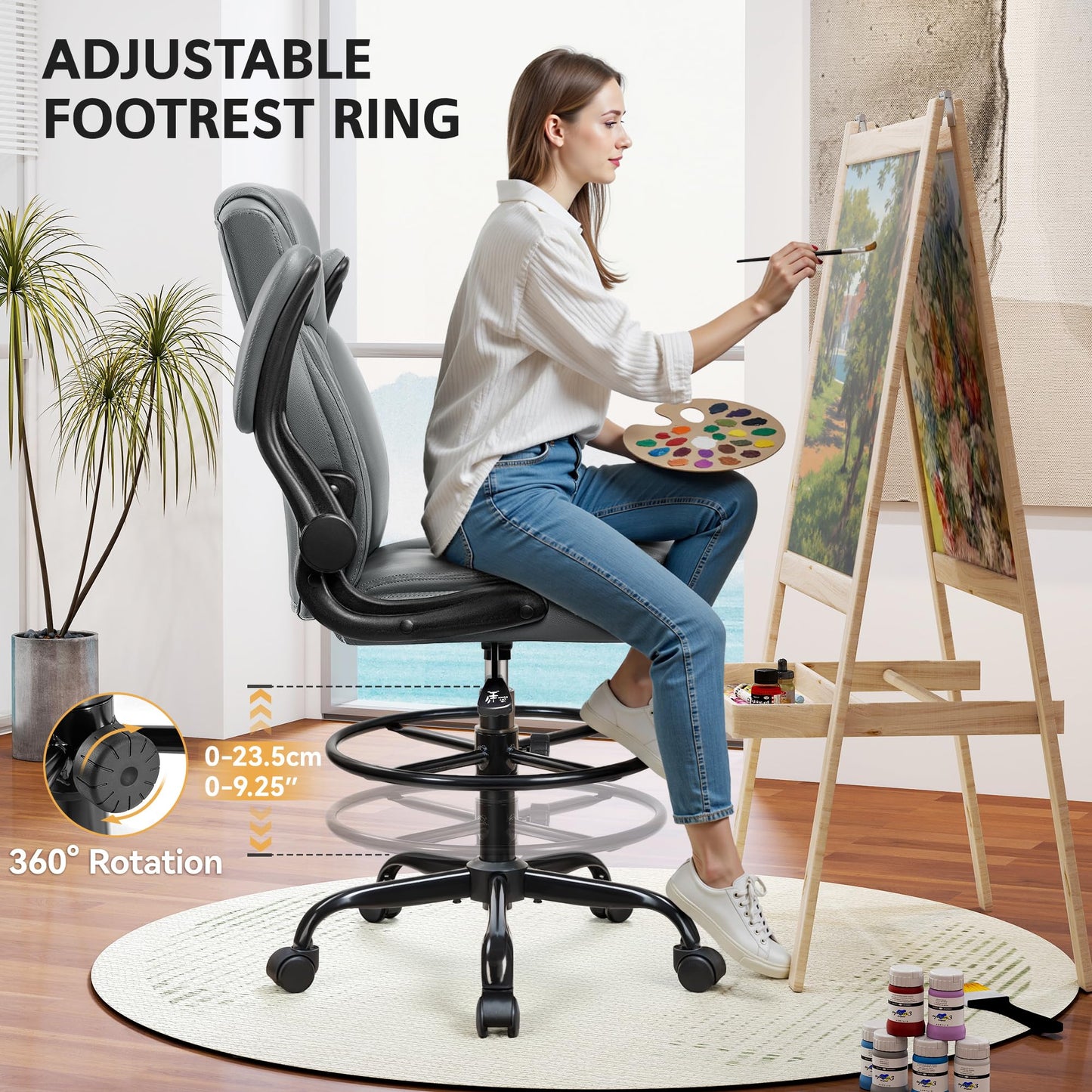 Drafting Chair, Tall Office Chair for Standing Desk, High Executive Leather Ergonomic Computer Chair with Adjustable Height and Flip-Up Armrest for Counter Height Desk, Grey, Pack of 1