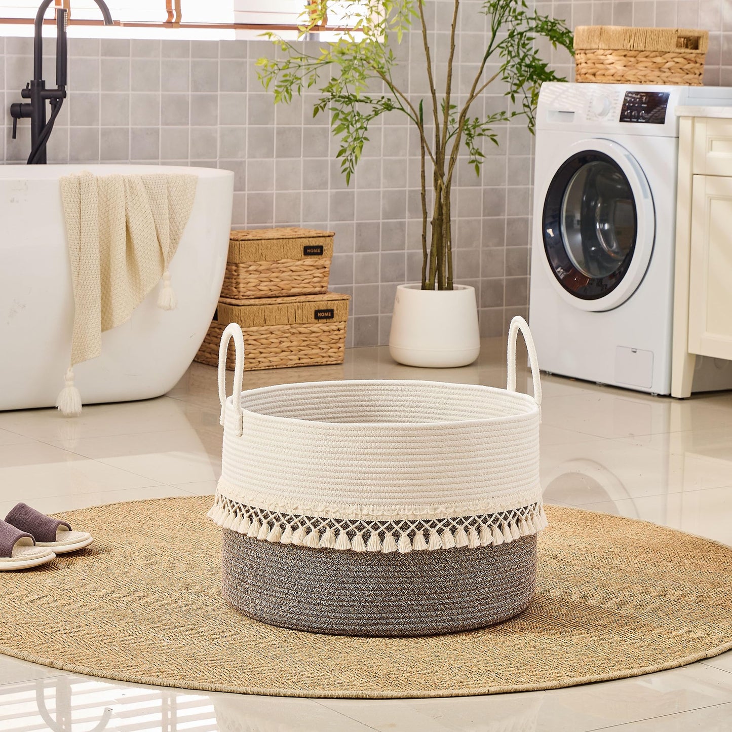 KAKAMAY Cotton Rope Storage Basket (20"x13"),Woven Hamper for Blankets,Toys,Pillows,Clothes,Laundry,Sturdy Handles Decorative Basket for Living Room, Bedroom,Nursery(Beige Fringe)