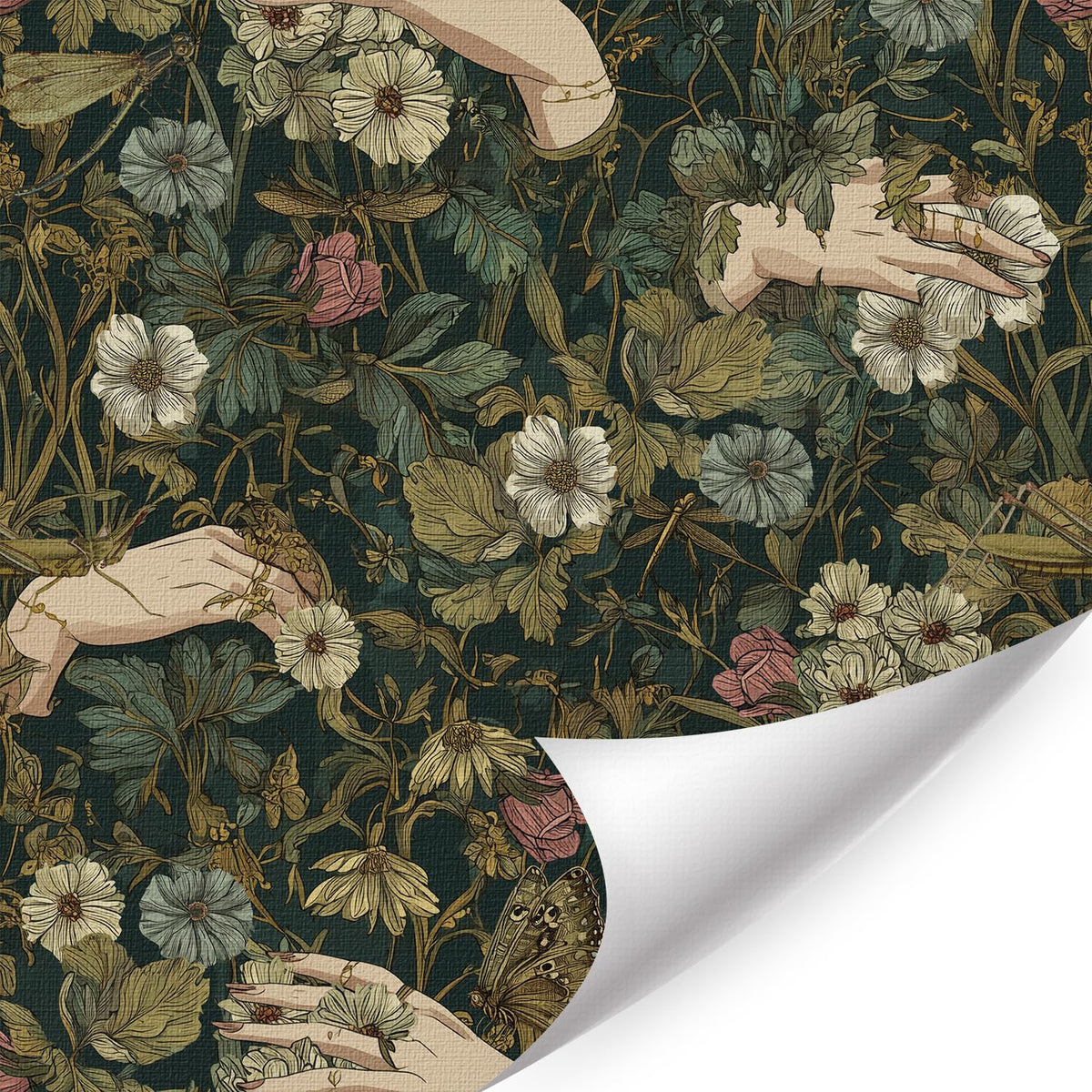 LHIUEM Gothic Flower and Hands Contact Paper Victorian Goth Hands Whimsical Wallpaper Dark Academia Peel Stick Wallpapers(17.3"×118") Boho Whisty Flowers Vintage Wallpaper for Room Wall Cabinet