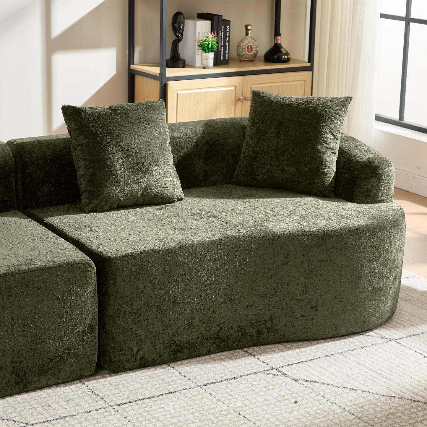 Sectional Sofa, Curved Cloud Sofa Couch, Chenille Full Sponge Chaise for Living Room, Apartment (Olive Green, 110 Inch)