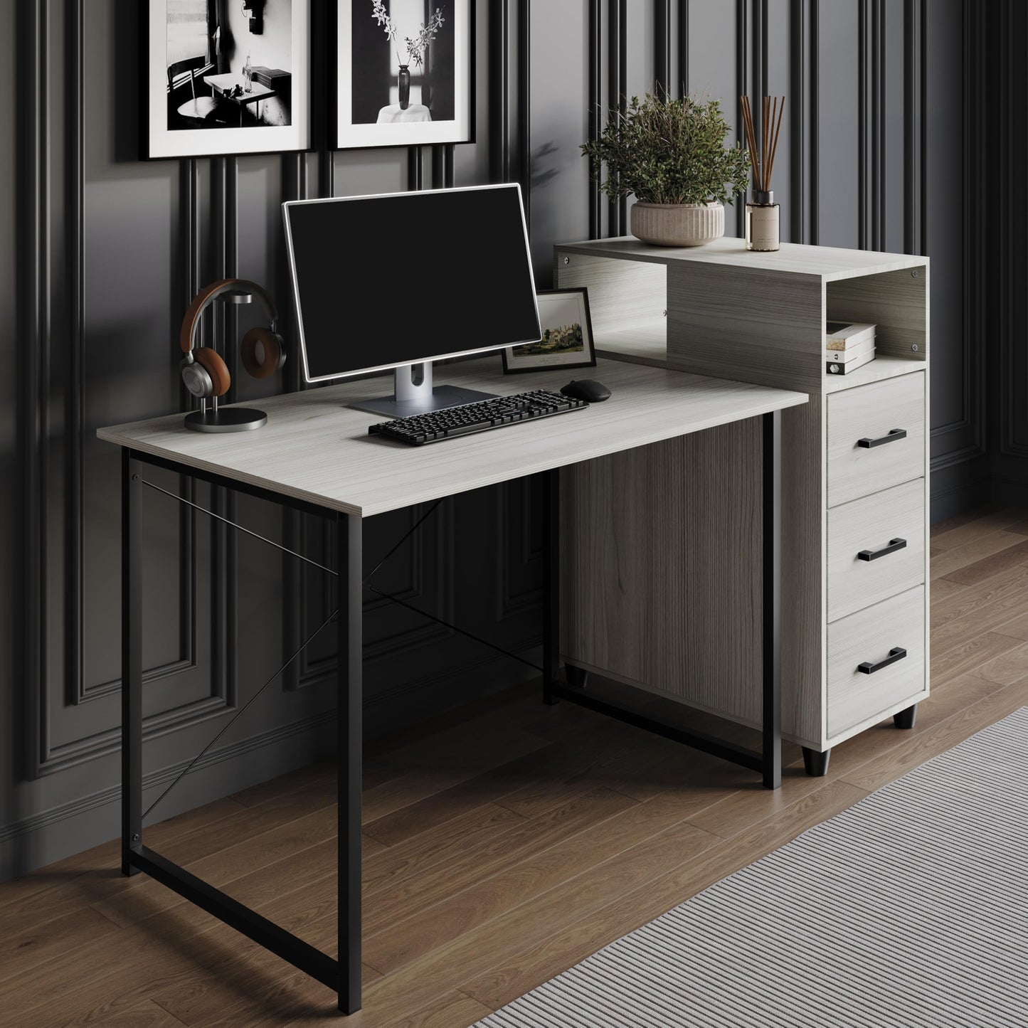 Castle Place Wooden Writing Desk with Sturdy Metal Frame, Movable Side Cabinet and 3 Drawers, Light Grey