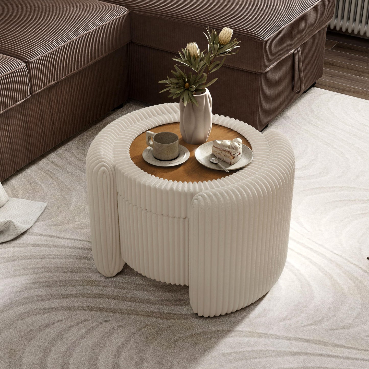 Furniture of America Lennox Modern Chenille 25-inch Round Storage Ottoman with Reversible Flip Top, Upholstered Footstool for Living Room, Bedroom, Entryway, Beige Pink