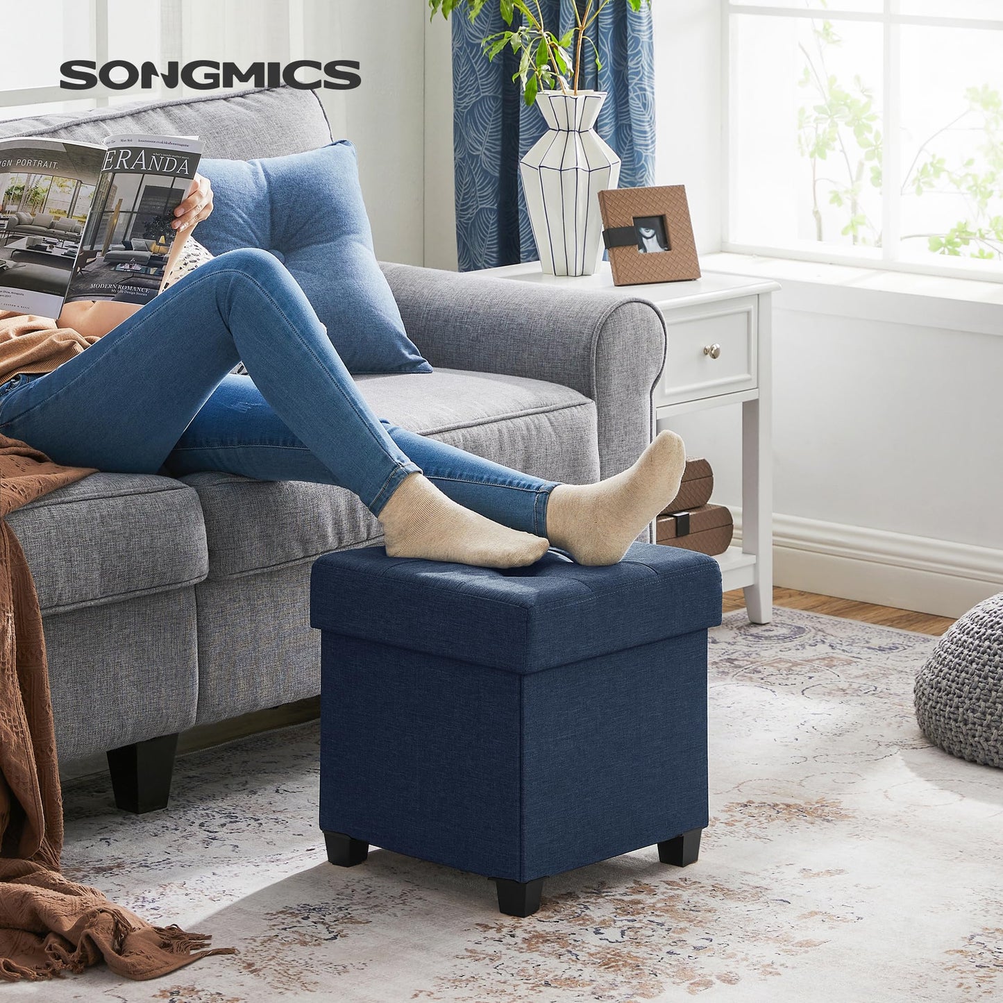 SONGMICS Storage Ottoman, Small Ottoman Foot Rest with Legs, 15 x 15 x 15.7 Inches Foot Stool, Load up to 660 lb, for Living Room, Bedroom, Dorm, Midnight Blue ULSF14IN