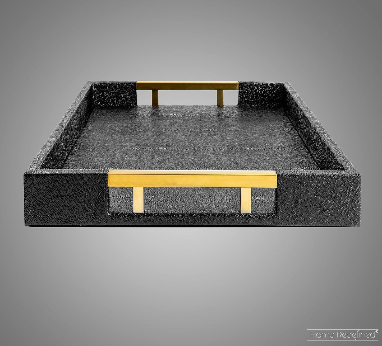 Modern Elegant 17.5"x12" Rectangle Black Glossy Shagreen Faux Leather Decorative Tray Ottoman Coffee Table Perfume Living Room Kitchen Serving Tray with Gold Polished Metal Handles by Home Redefined