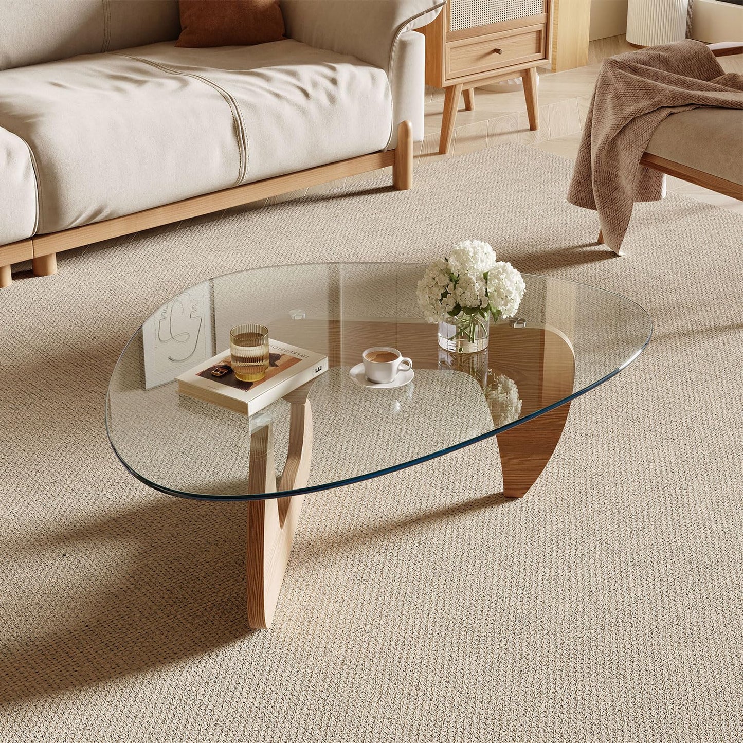 Miloyer Modern Coffee Table for Living Room and Small Spaces, 35.6" x 25.4" x 15.8" Triangle Tempered Glass Table Top and Solid Wood Base, Natural Wood