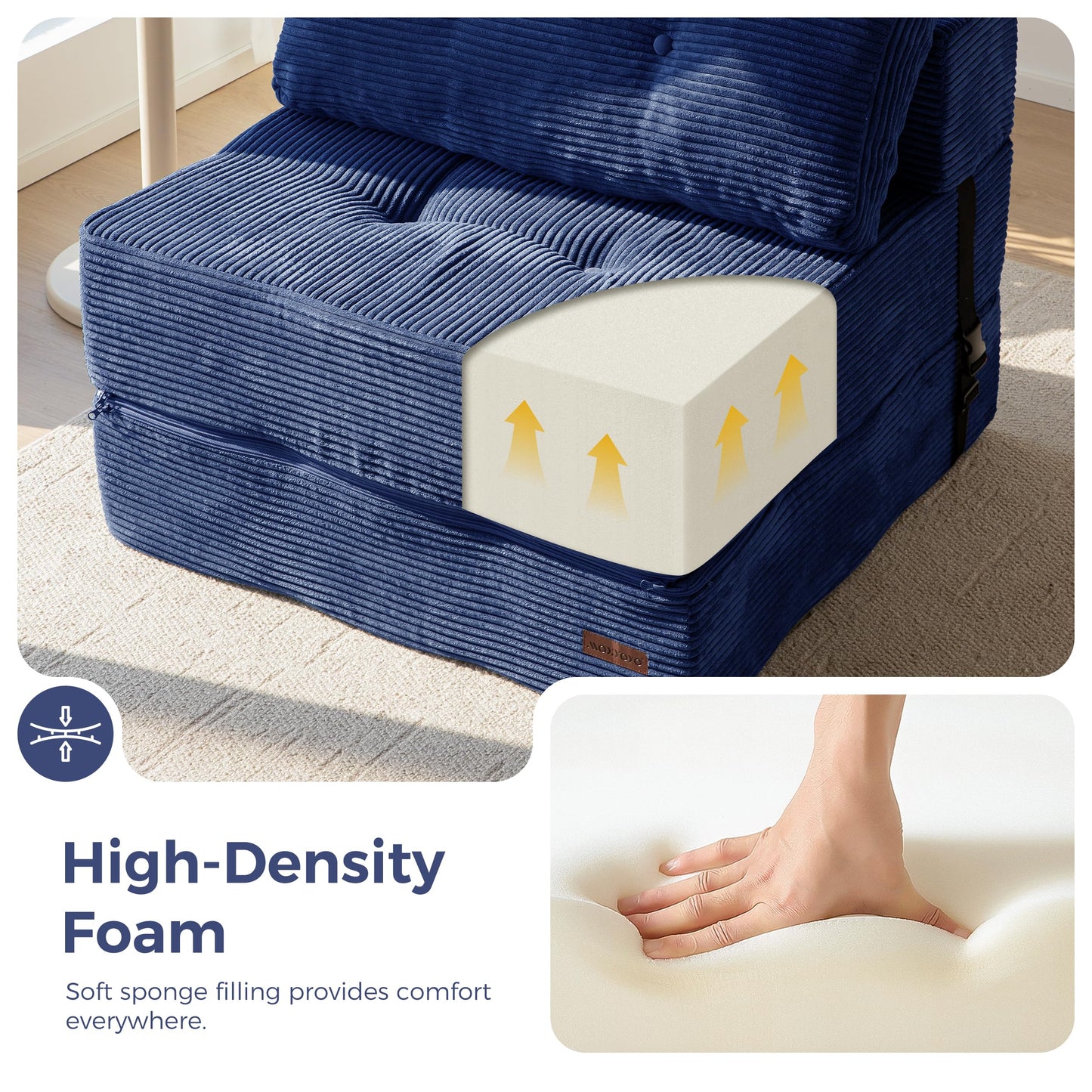 MAXYOYO Folding Sofa Bed, Convertible Chair Bed with High-Density Support Foam, Portable 4 in 1 Fold Out Seating to Floor Lounger, Versatile Floor Sofa Couch for Living Room Bedroom, Navy