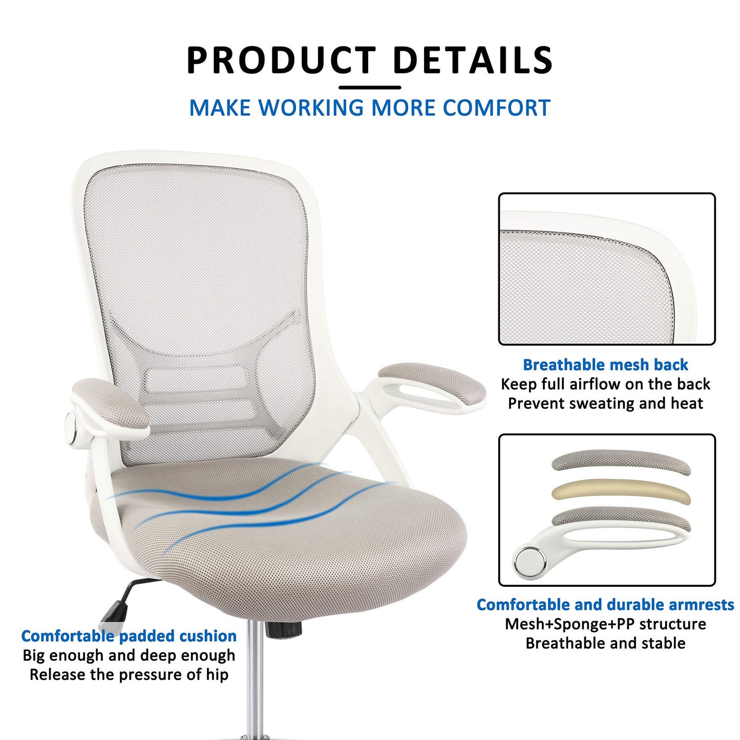 HYLONE Drafting Chair, Tall Office Chair Standing Desk Stool with Adjustable Foot Ring, Flip-Up Arms, Mesh High-Back Drafting Table Chair, White & Grey