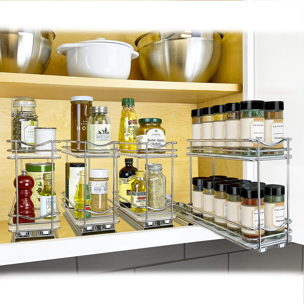 LYNK PROFESSIONAL® Pull Out Spice Organization for Cabinets - 4-3/8 inch Wide – Spice Rack for Inside Cabinets, Slide Out Spice Rack Organizer for cabinet – Pull Out Spice Rack, Sliding 2 Tier Chrome