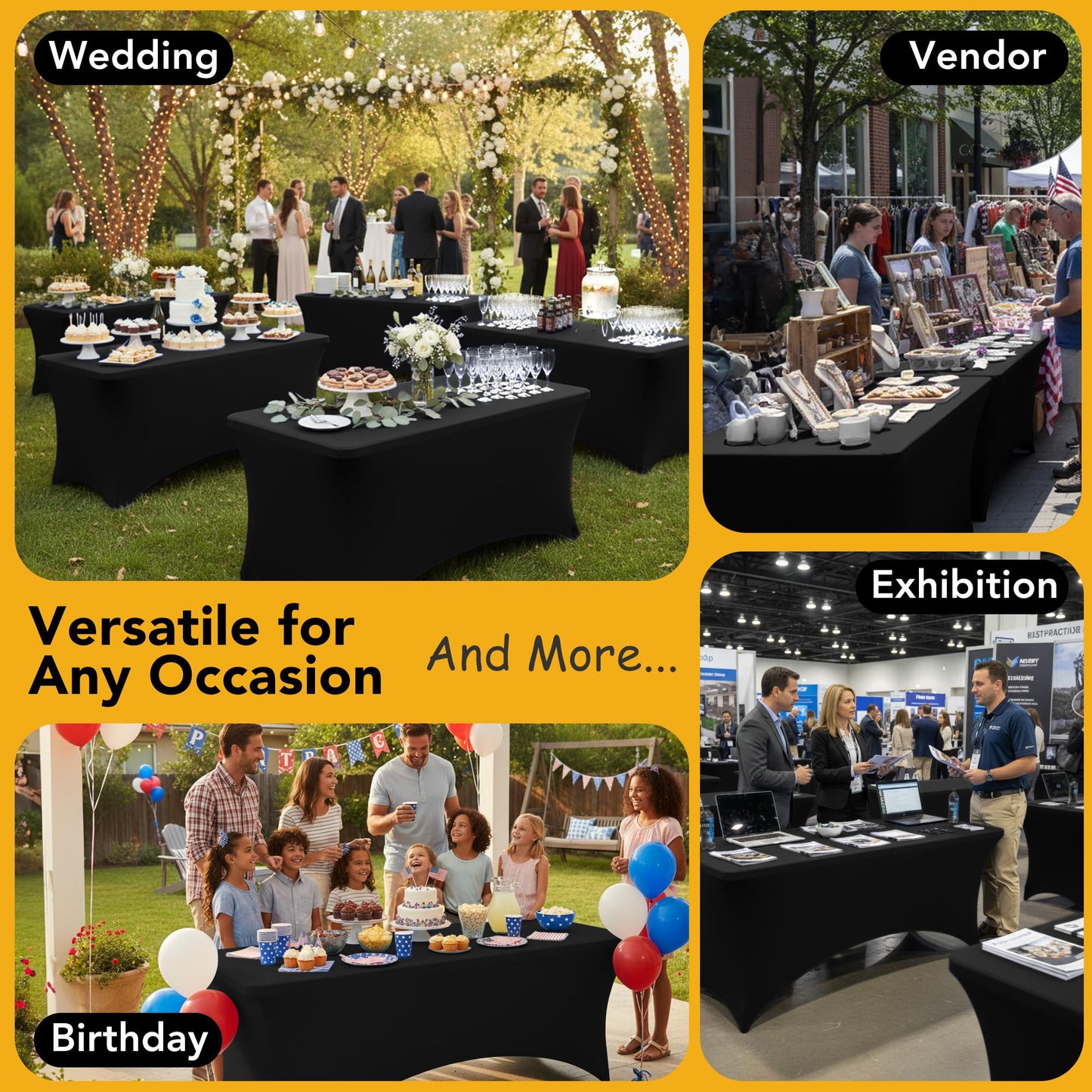 Dailyset 6-Pack Premium Black Spandex Tablecloths for 6ft Rectangle Tables, Stain & Wrinkle-Resistant, Washable Stretch Polyester Fitted Table Cover for Weddings, Banquets, Trade Shows Events