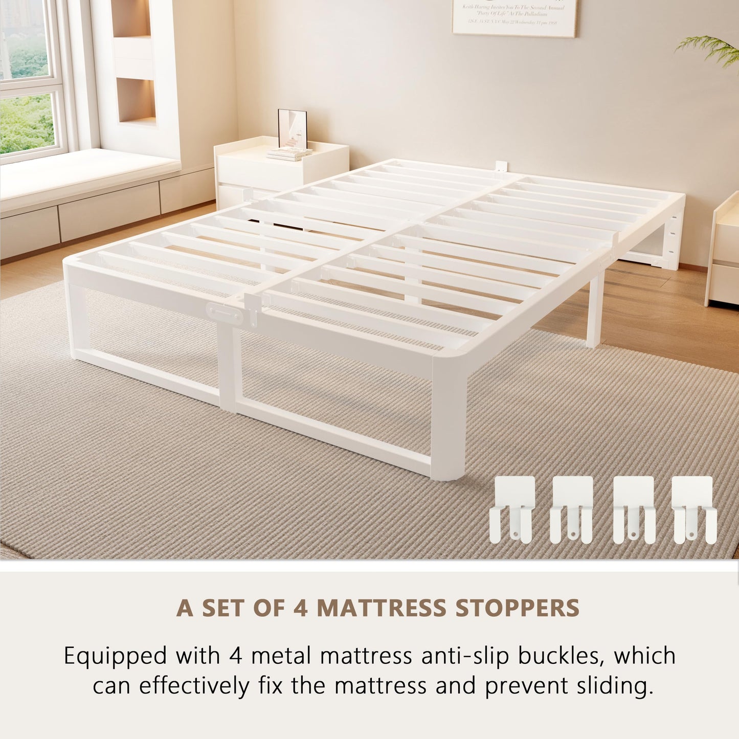ZTH Full Size Metal Platform Bed Frame 16 in, No Box Spring Needed, White