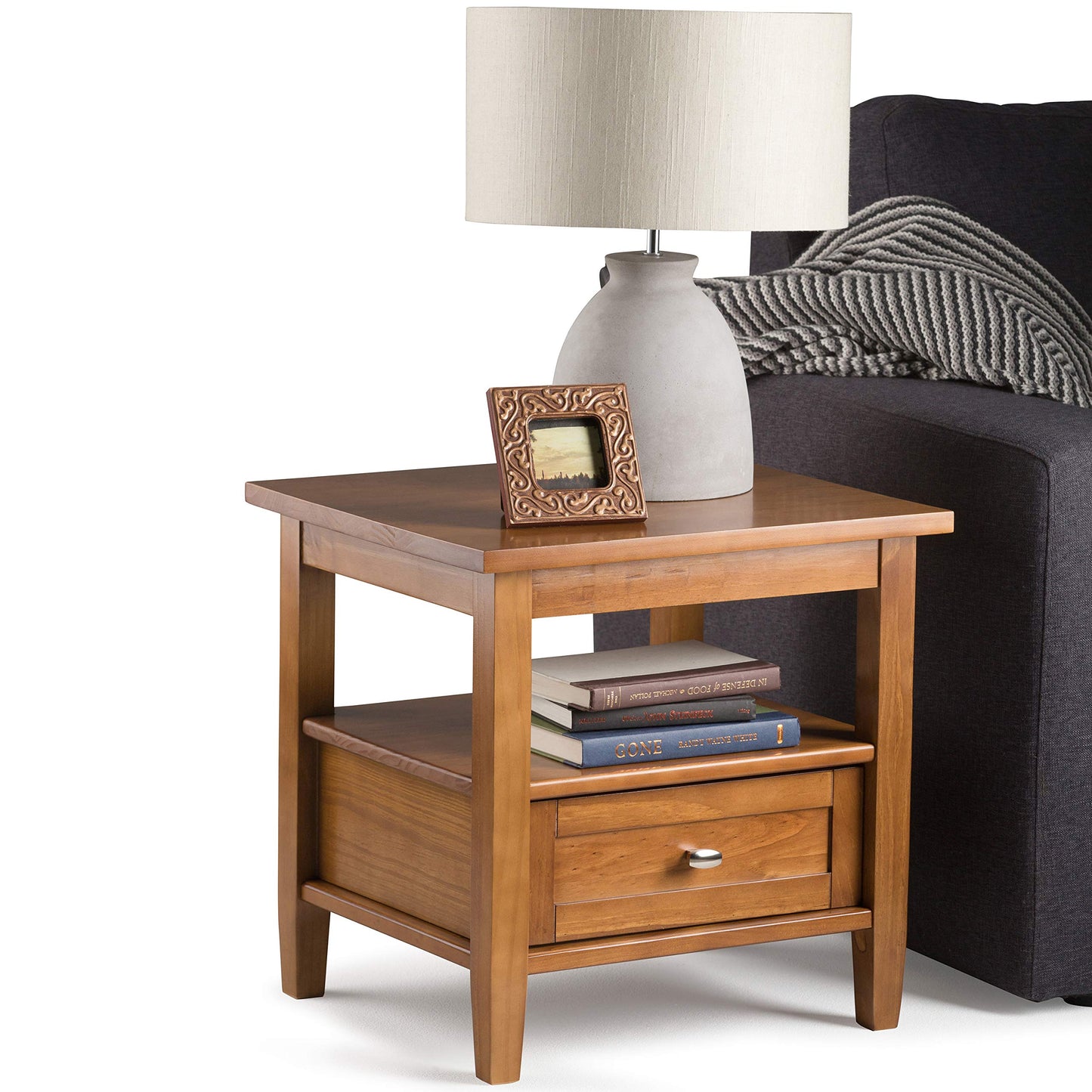 SIMPLIHOME Warm Shaker Solid Wood 48 inch Home Office Desk and 20 inch Rectangle End Side Table in Light Golden Brown