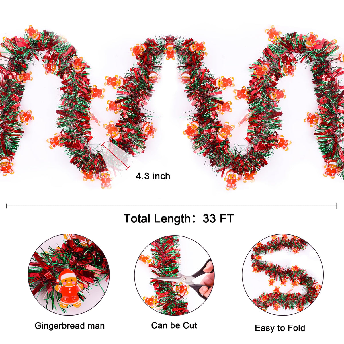 Christmas Garland Decorations 33 FT Red Green Christmas Tinsel Garland with Gingerbread Man Ornaments, Metallic Christmas Tree Garland Indoor Outdoor for Home Mantle Fireplace Xmas Holiday Party Decor