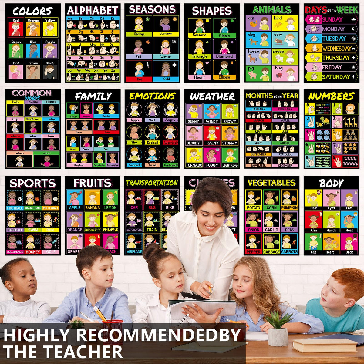 gisgfim 18 Pieces ASL Poster America Sign Language Poster ASL Study Charts for Classroom Education Posters Sign Language for Primary School Toddlers Kids Students Classroom Decor (Black)