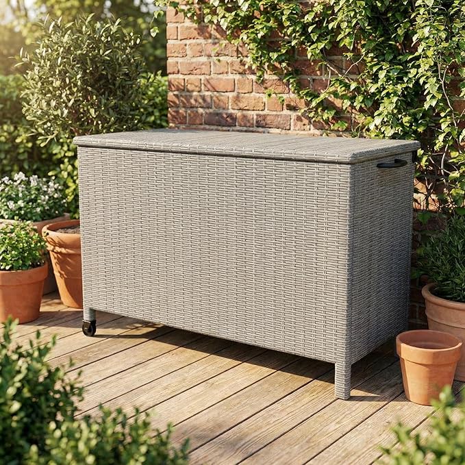 GarveeLife Outdoor Wicker Storage Box, PE Rattan Patio Storage Chest