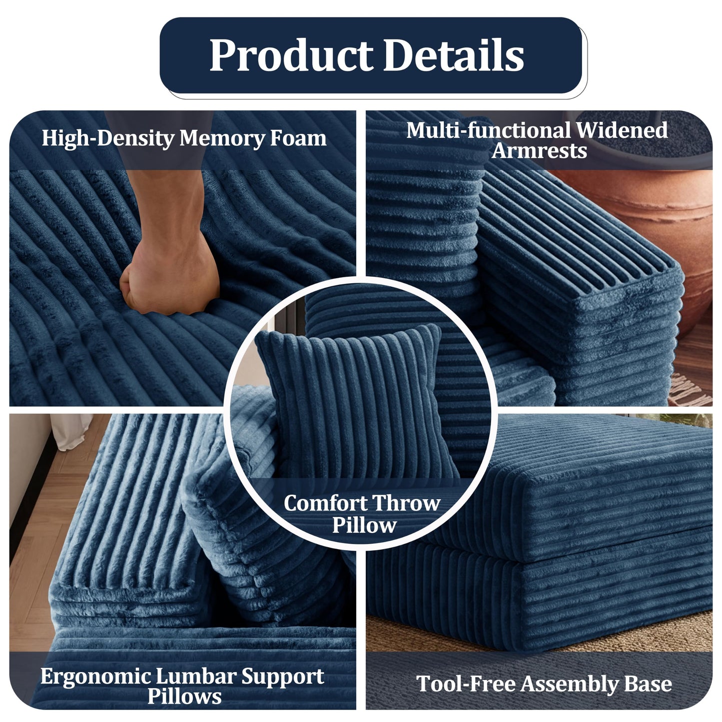 75'' L-Shaped Cloud Modular Sectional Couch with Chaise, Modern Corduroy Memory Foam Sofa Bed, Upholstered Boneless Deep Seat Fluffy Sleeper Sofa, for Living Room, No Assembly Needed (Blue)