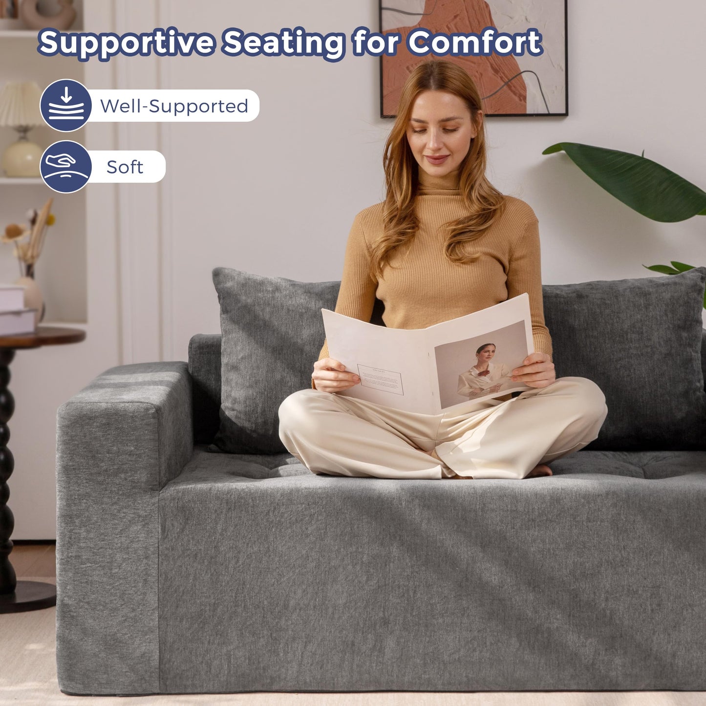MAXYOYO Modular Sofa Couch, 61" Loveseat Boneless Cloud Couch with Deep Seat, Chenille Upholstered Living Room Comfy Sofa Chair for Living Room, No Assembly Required, Light Grey