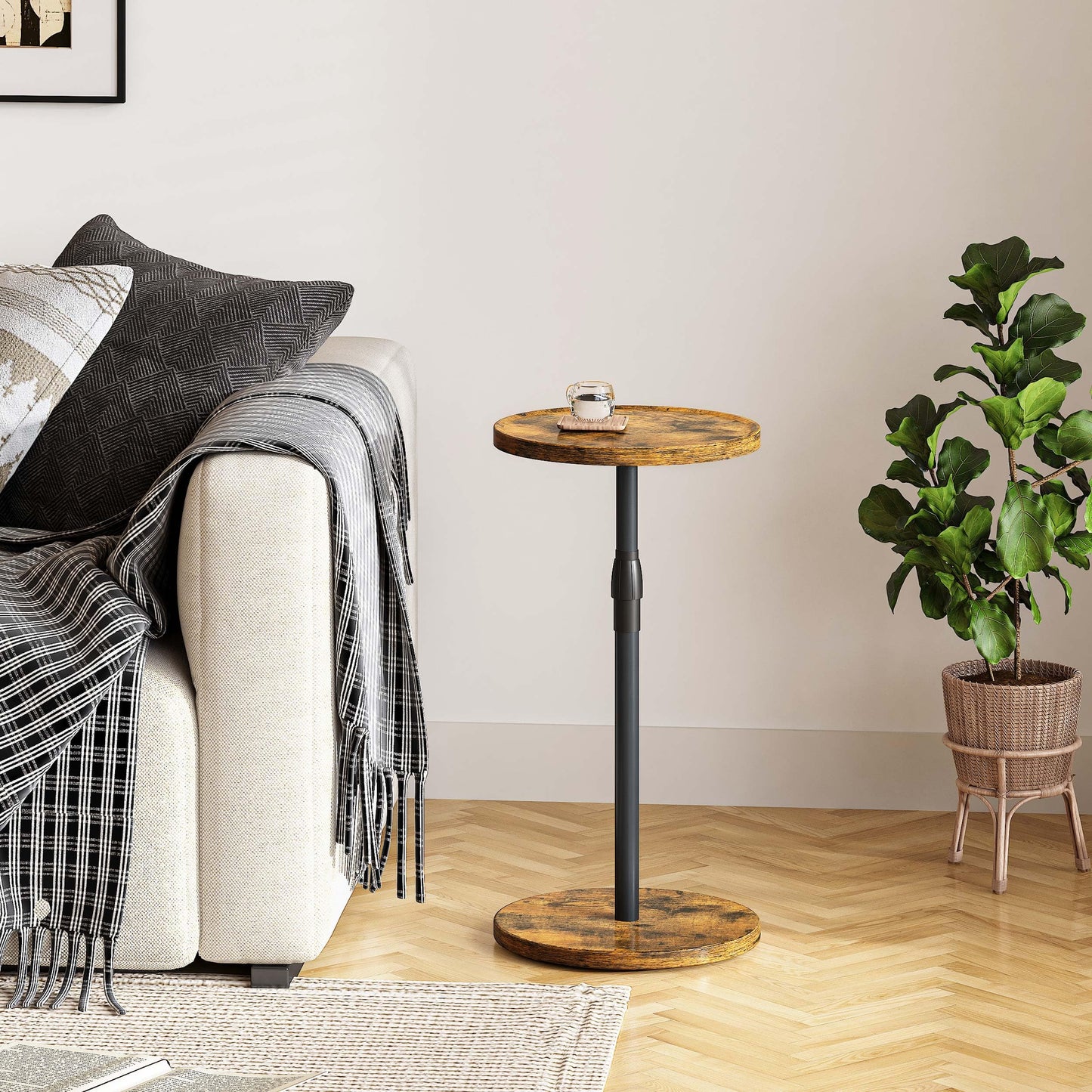 IRCPEN Adjustable Round Side Table, Small End Table, Pedestal Drink Table for Small Spaces, Tall Round Nightstand for Living Room Bedroom Sofa Couch, Rustic Brown ET-010RB