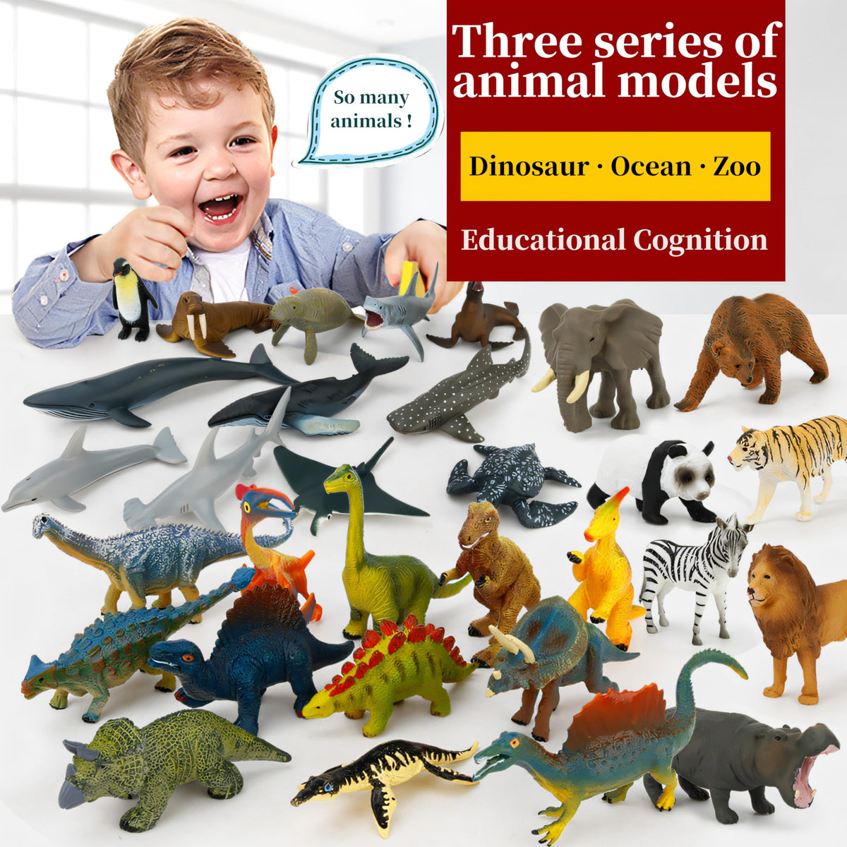 36 Animal Figurines - Educational Toys with Matching Flash Cards for Kids (Dinosaur, Zoo & Sea Animals)