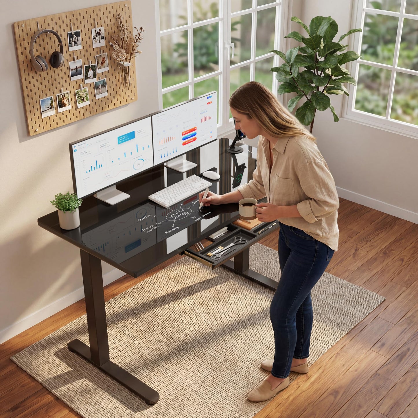 Furmax Glass Standing Desk with Drawers, Electric Adjustable Home Office Sit Stand Desk with One-Piece Desktop & USB Charging Port for Computer Desks (Black Glass, 48 Inch)