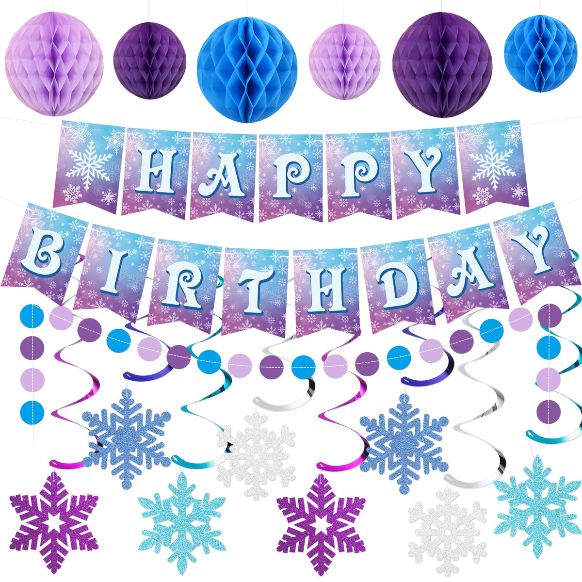 Frozen Birthday Party Decorations Happy Birthday Banner Honeycomb Balls Snowflake Hanging Swirls Streamers Circle Garland Decoration Winter Holiday Party Decorations for Christmas