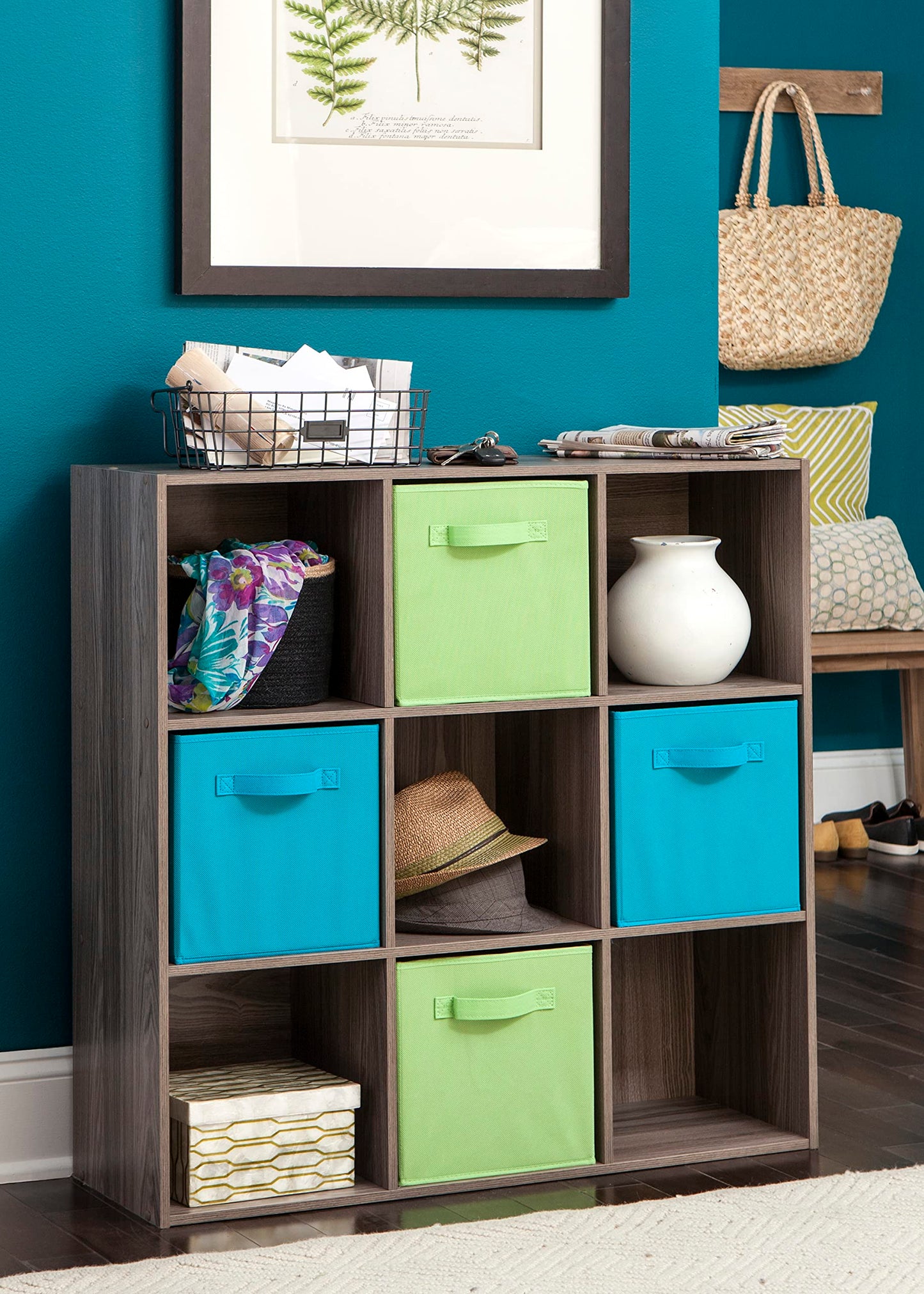 ClosetMaid Cubeicals 9 Cube Storage Shelf Organizer Bookshelf, Stackable, Square Shape, Easy Assembly, Wood, Natural Gray Finish