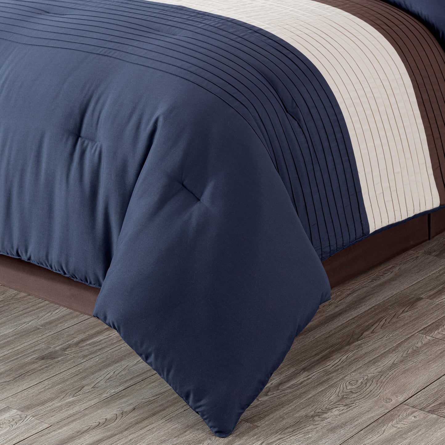 Chezmoi Collection Loft 8-Piece Oversized King Comforter Set, Midnight Blue/Brown/Coffee Cream Luxury Striped Bedding for All Season